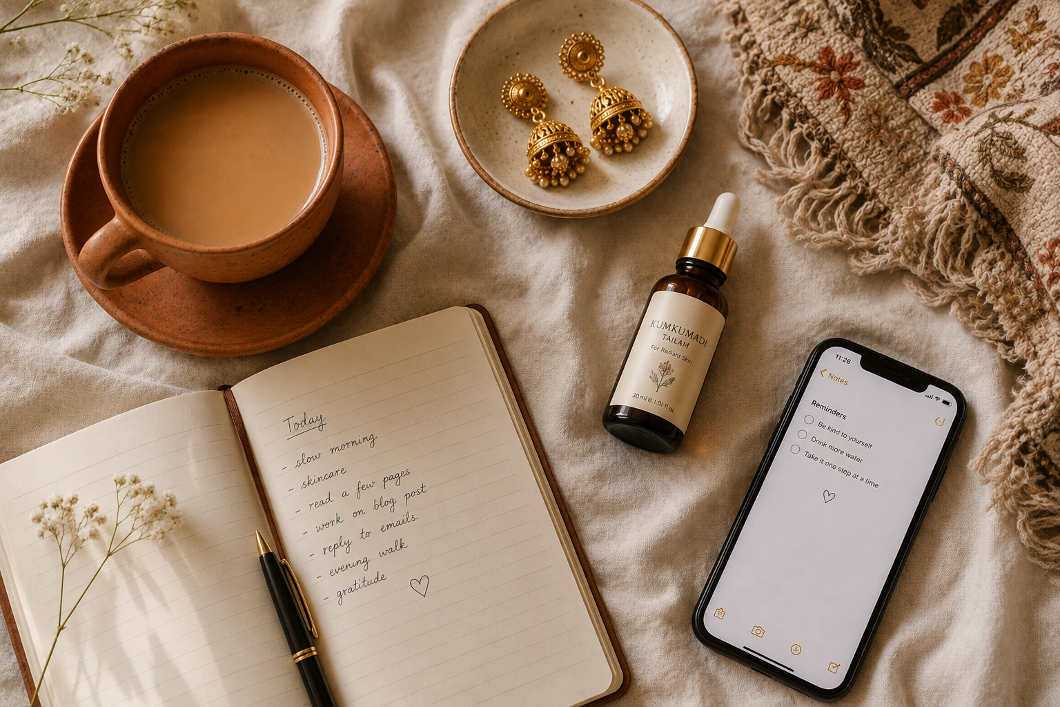 Home cosy morning self care flat lay naarirang.com